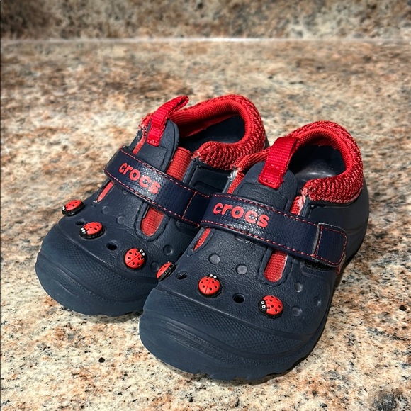CROCS Other - Crocs C-8 Ladybug Navy and Red slip-Ons w/ Velcro closure Like New